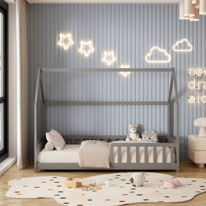 Children's bed with fence Phyllis Montessori pine solid in gray - 190x90cm Hm679,05