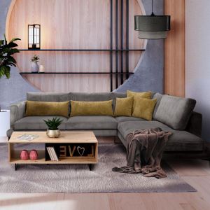 Sofa Lusero right corner light brown with pillows in blue red with blue-gray 300x230x88cm