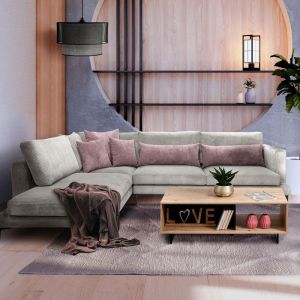 Sofa Lusero left corner beige with pink pillows 300x230x88cm