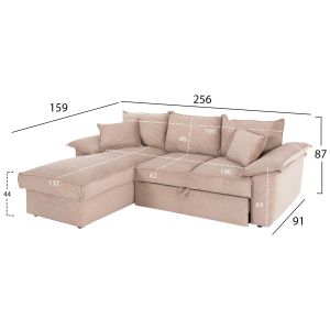 Sofa bed Aldo left corner with storage space beige polyester upholstery 256x91-159x87hcm Hm3276,01l