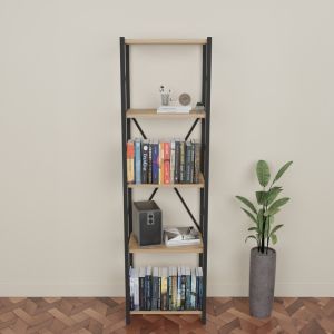 Shelf Glase melamine oak color/ black metal 40x30x150cm