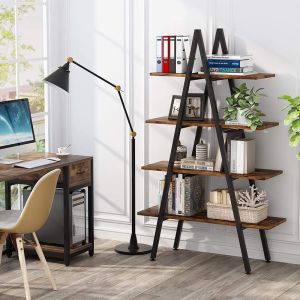 Naroki metal shelf, black, with walnut lampshade, 90x30x155cm