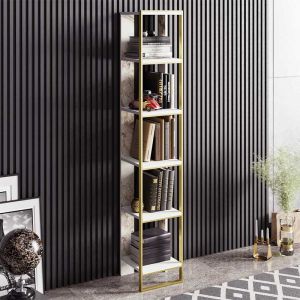 Shelf in white marble color and gold metal frame 32x38.5x178.5cm