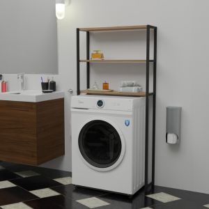 Bothy washing machine shelf with oak-colored melamine tops and metal frame 70x21x150cm