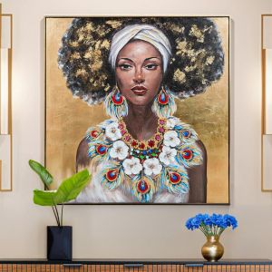 Картина върху платно Fl4961 женско лице кафяво-златисто-бяло 100x100xсм