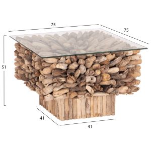 Square coffee table Sparrow Hm9961 Driftwood Naturally --glass 75x75x51cm.