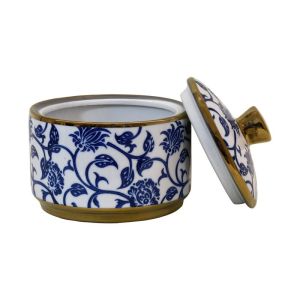 Ceramic pot with lid Fl22960 blue-white-gold color 13x13cm