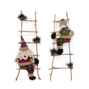 Коледна декоративна фигура дядо коледа + снежен човек в стълба 1/2 червено-зелена 18x18x60см