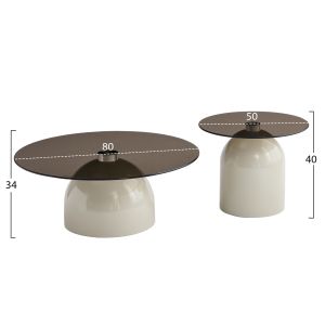 Set of 2 coffee tables Bellins Hm18313.04 beige metal bases - glass tops φ50cm and φ80cm