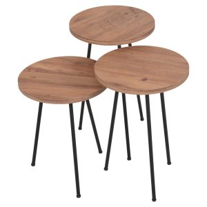Set of 3 round side tables Kissa Hm18174.04 melamine in natural wood color-black metal legs