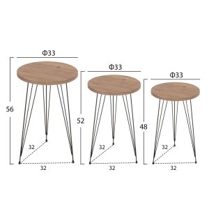 Set of 3 round side tables Nissa, 04 melamine in natural wood color-black metal legs Hm18173