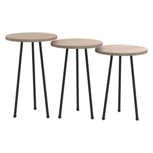 Set of 3 round side tables Kissa melamine in Sonama color-black metal legs Hm18174