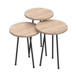 Set of 3 round side tables Kissa melamine in Sonama color-black metal legs Hm18174