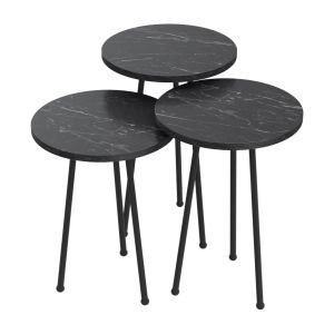 Set of 3 round side tables Kissa melamine in black marble color-black metal legs Hm18174