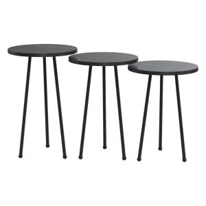 Set of 3 round side tables Kissa melamine in black marble color-black metal legs Hm18174