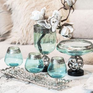 Set of 3 glass candle holders Fl6675 silver-blue color 50x16x17cm