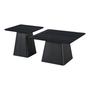 Set of 2 square coffee tables, metal-sintered stone in black marble color