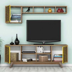 Living room set Hm11853.04 of 2 pieces made of melamine - TV cabinet and coffee table walnut/yellow color