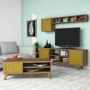 Living room set Hm11853.04 of 2 pieces made of melamine - TV cabinet and coffee table walnut/yellow color