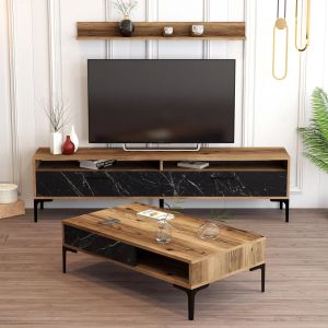 Living room set Hm11855.01 of 2 pieces made of melamine - TV cabinet and coffee table walnut color/black marble
