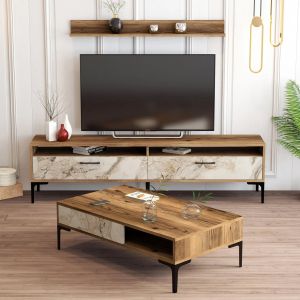 Living room set Hm11855,02 of 2 pieces made of melamine - TV cabinet and coffee table color white/walnut Marble Look
