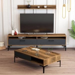 Living room set Hm11856.02 of 2 pieces made of melamine - TV cabinet and coffee table walnut/anthracite color