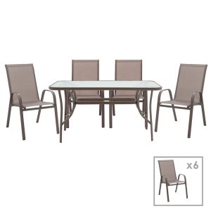 TABLE AND CHAIRS SET 7 PIECES ENSURE-CALAN METAL-GLASS BROWN 140X80X70CM