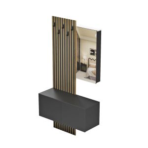 Hallway furniture set with mirror Myles Hm18080.02 melamine in Sonama-black color 100x37.1x199.5hcm.