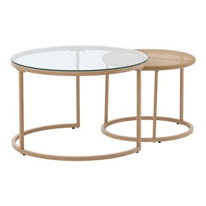 Set of 2 Beatrice coffee tables made of glass, natural rattan and natural metal