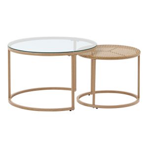 Set of 2 Beatrice coffee tables made of glass, natural rattan and natural metal