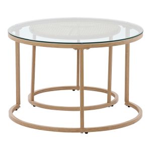 Set of 2 Beatrice coffee tables made of glass, natural rattan and natural metal