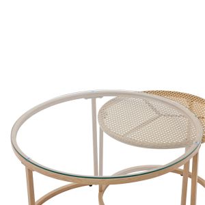 Set of 2 Beatrice coffee tables made of glass, natural rattan and natural metal