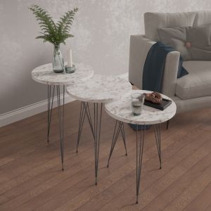 Set of 3 round side tables Nissa Hm18173.01 melamine in white marble-black metal legs