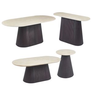 Set of 3 tables and 1 console Cater Hm21261 ceramic top with travertine and stone look - MDF base, dark brown