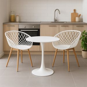 Elijah-ezra dining table set, 3 pieces, Pp-pu, white color, with natural legs, 60x74 cm