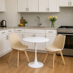 Elijah-gaston dining table set of 3 pieces, Pp-pu, in Taupe-white color with natural legs, 60x74 cm