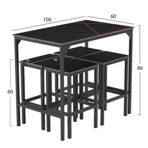 Dining table and chairs set 5 pcs, Boxy with black metal frames-black marble melamine finish Hm9882,13