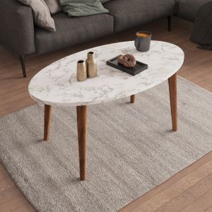 Set of coffee table and 3 side tables Vital melamine in white marble-wooden legs in walnut Hm18180