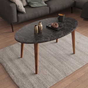 Set of coffee table and 3 side tables Vital melamine in black marble-wooden legs in walnut Hm18180