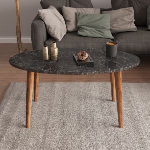 Set of coffee table and 3 side tables Vital melamine in black marble-wooden legs in walnut Hm18180
