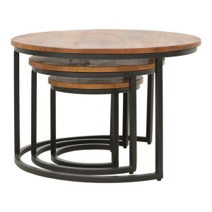Frina Zita coffee table set of 3 pieces, solid mango wood in walnut color with black metal leg