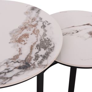 Set of 2 coffee tables Talos ceramic top white-beige marble with Beigehm18140.03 φ70+φ50