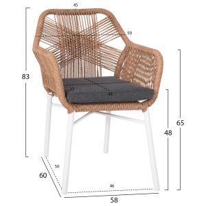 Кресло Outdoors Topin Hm6048,01 алуминиев бял - Pe ратан светлокафяв - възглавница сива 58x60x83cm