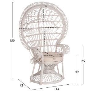 Кресло Royal Peacock градина дневна Hm9342,02 от ратан в бял цвят с бяла възглавница, 114x72x150cm