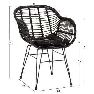 Armchair with seat cushion metal frame Allegra Hm5450,32 black rattan in woven material 58x59x82cm