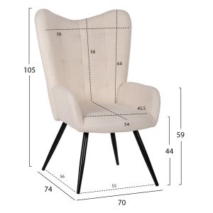 Кресло с табуретка Crawley Hm8918,25 бяло букле и черни метални крака 70x74x105hcm