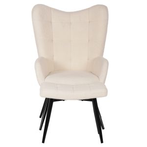 Кресло с табуретка Crawley Hm8918,25 бяло букле и черни метални крака 70x74x105hcm