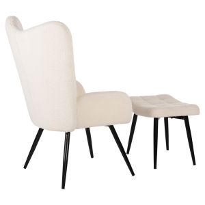 Кресло с табуретка Crawley Hm8918,25 бяло букле и черни метални крака 70x74x105hcm