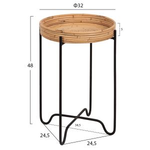 Round side table Fly Hm7905 rattan in natural color with black metal base D32x48hcm
