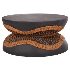 Round coffee table Anna Hm18157.01 fiber cement in black-natural rattan -- Φ92x44.5cm.